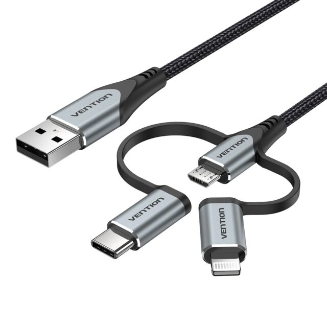 Vention USB 2.0 A Male to 3-in-1 Micro-B&USB-C&Lightning Male Cable 1M Gray Aluminum Alloy Type - imagine 4