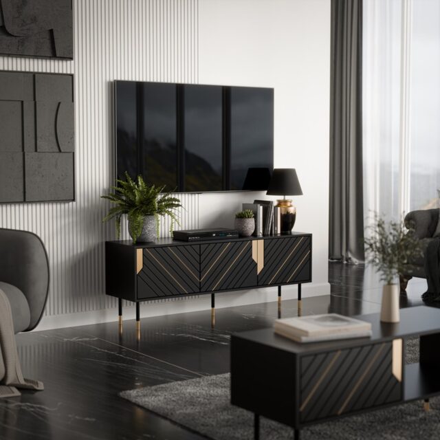 Cama 3D MOUNTAIN TV cabinet 154x40x55 black + gold - imagine 3