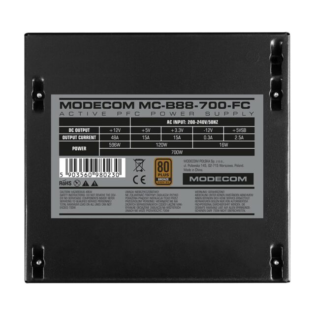 MODECOM Power Supply MC-B88-700-FC 80+ BRONZE 230V EU 700W BULK - imagine 3