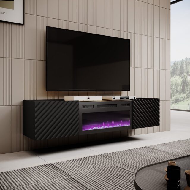 RTV cabinet with electric fireplace ONDA 180x40x39-58 black (standing or wall mounted) - imagine 2