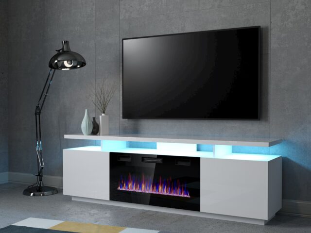 RTV EVA cabinet with electric fireplace 180x40x52 cm white/gloss white - imagine 3