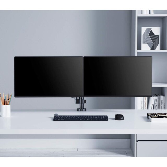 Manhattan TV & Monitor Mount  Desk  Full Motion (Gas Spring)  2 screens  Screen Sizes: 10-27   Black  Clamp or Grommet Assembly  Dual Screen  VESA 75x75 to 100x100mm  Max 8kg (each)  Lifetime Warranty - imagine 9