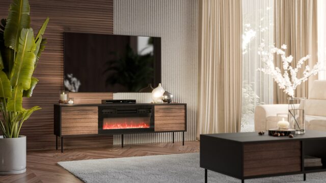 Cama CORTINA TV cabinet 180x40x60 black/walnut + black fireplace - imagine 3