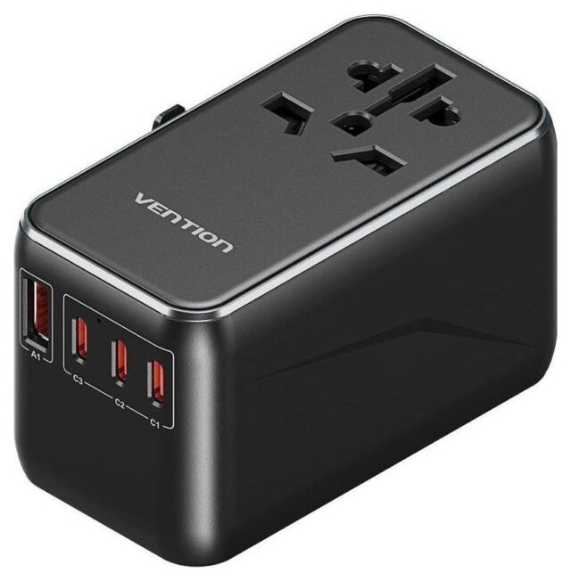 Uniwersalny adapter podróżny z ładowarką Vention 100W GaN 1x USB-A 3x USB-C czarny - imagine 2