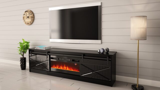 RTV GRANERO + fireplace cabinet 200x56.7x35 black/black gloss - imagine 4