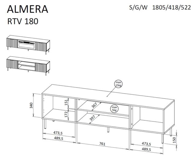 ALMERA TV cabinet 180.5x42x52.5 walnut/cashmere + black fireplace - imagine 4