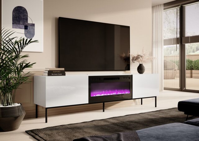 RTV SLIDE 200K cabinet with an electric fireplace on a black frame 200x40x57 cm all in white gloss - imagine 2