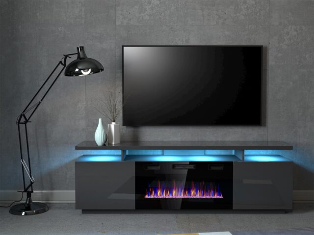 RTV EVA cabinet with electric fireplace 180x40x52 cm graphite/glossy graphite - imagine 4