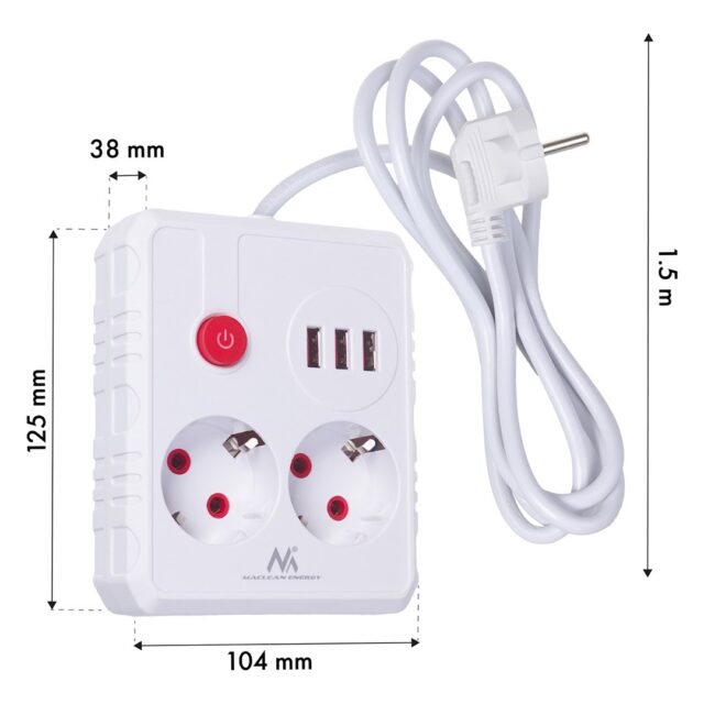 Maclean power strip  extension cord 2 sockets + 3xUSB  110-240V AC 50/60Hz  2.1A max 2500W  1.5m  white  MCE387 W - imagine 7