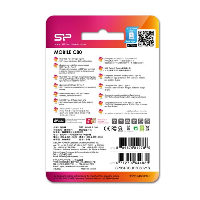 Silicon Power Mobile C80 USB flash drive 64 GB USB Type-A / USB Type-C 3.0 (3.1 Gen 1) Titanium - imagine 5