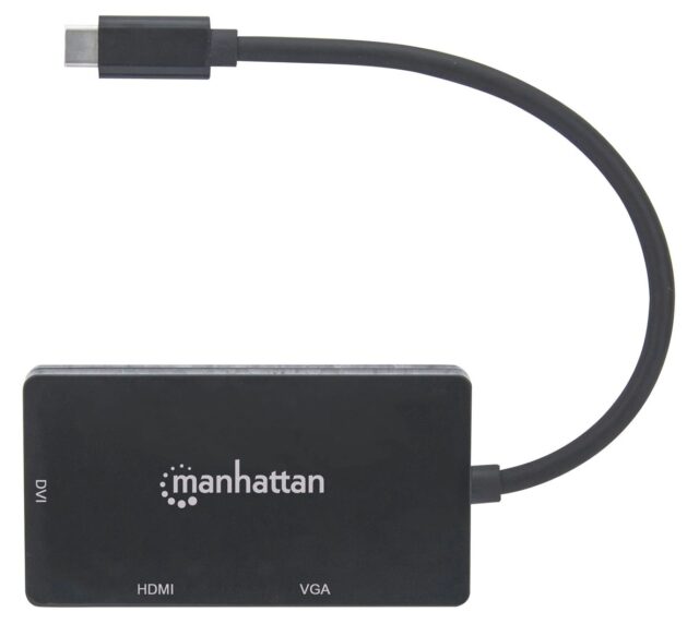Manhattan USB-C Dock/Hub  Ports (x3): DVI-I  HDMI and VGA Ports  Note: Only One Port can be used at a time  External Power Supply Not Needed  Universal for all devices  Cable 10cm  Black  Three Year Warranty - imagine 5