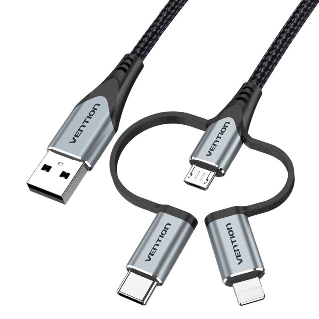 Vention USB 2.0 A Male to 3-in-1 Micro-B&USB-C&Lightning Male Cable 1M Gray Aluminum Alloy Type - imagine 6