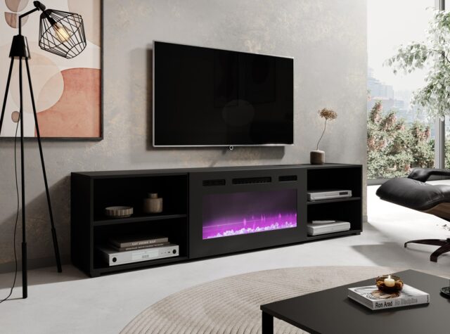 RTV cabinet POLO 200x33x50.5 black + fireplace black - imagine 2