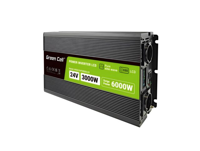 Green Cell Przetwornica napicia PowerInverter LCD 24 V 3000W/60000W Przetwornica samochodowa z wywietlaczem - czysty sinus power adapter/inverter Auto Black - imagine 3