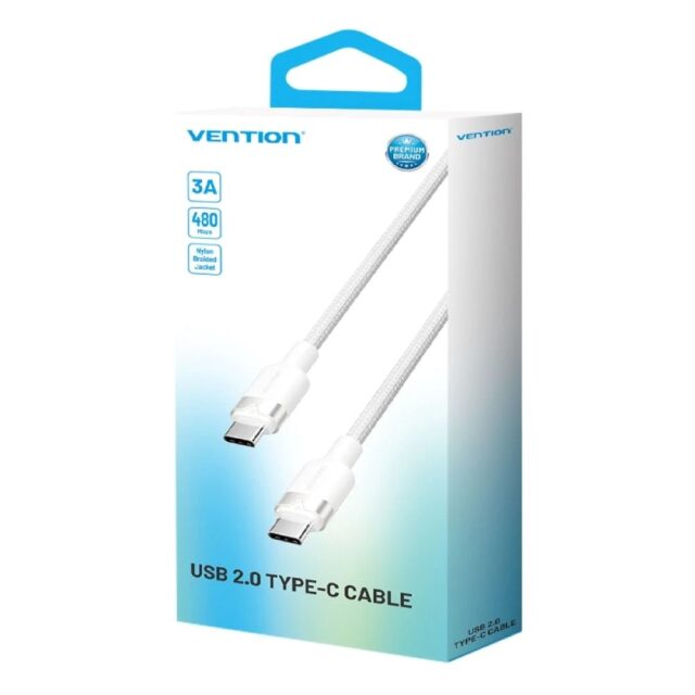 Kabel USB-C do USB-C Vention w oplocie 3A 480Mbps 60W PD 1m biały - imagine 3