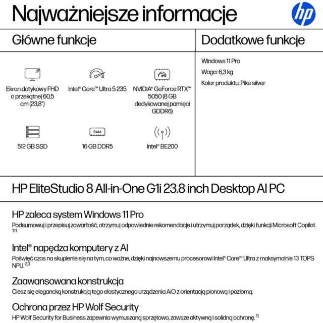 HP EliteStudio 8 AiO G1i Ultra 5 235 23.8 FHD Touch IPS 300nits LBL AG 16GB DDR5 5600 SSD512 Intel Graphics Cam 5MP W11Pro 3Y OnSite - imagine 3