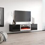 RTV LUXE cabinet 182.6x34.5x37.5 black/black gloss + white fireplace - imagine 2