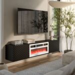 Cama RTV cabinet LARA 183x35x37 black matt + white fireplace - imagine 3