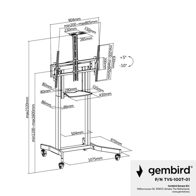 Gembird Stojak pod tv z regulacj wysokoci mobilny 55-100 cali - imagine 7