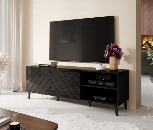 RTV cabinet ABETO 150x42x52 black glossy - imagine 8