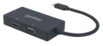 Manhattan USB-C Dock/Hub  Ports (x3): DVI-I  HDMI and VGA Ports  Note: Only One Port can be used at a time  External Power Supply Not Needed  Universal for all devices  Cable 10cm  Black  Three Year Warranty