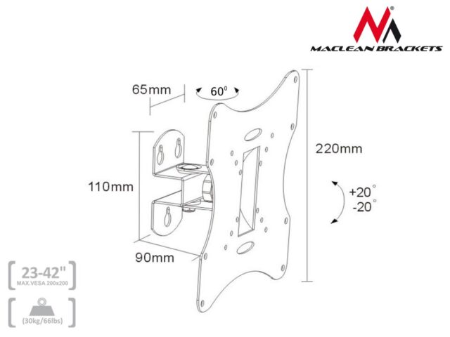 Maclean MC-501A Universal Wall TV Bracket 23-42  uo to 30kg vesa 200x200 Black - imagine 4