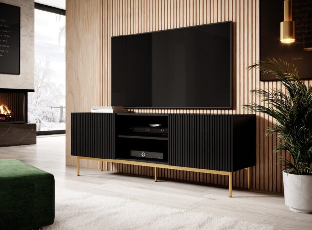 PAFOS RTV cabinet on golden steel frame 150x40x60 cm matte black - imagine 2