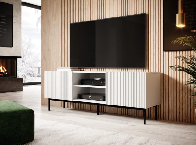 PAFOS RTV cabinet on black steel frame 150x40x60 cm white matt - imagine 2