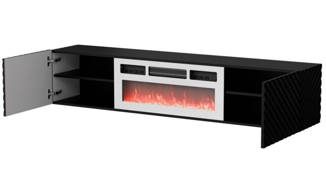 Cama RTV cabinet LARA 183x35x37 black matt + white fireplace - imagine 2