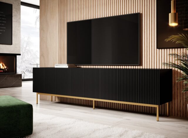 PAFOS RTV cabinet on golden steel frame 200x40x60 cm matte black - imagine 2