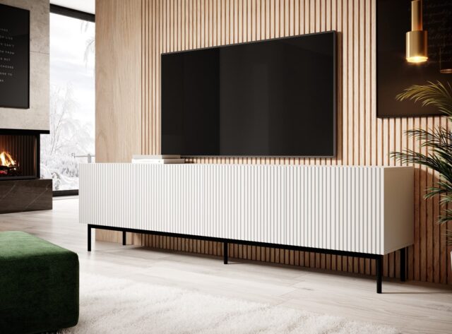 PAFOS RTV cabinet on black steel frame 200x40x60 cm white matt - imagine 2