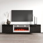 RTV LUXE cabinet 182.6x34.5x37.5 black/black gloss + white fireplace - imagine 3