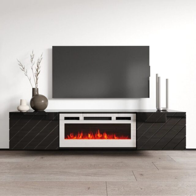 RTV LUXE cabinet 182.6x34.5x37.5 black/black gloss + white fireplace - imagine 3