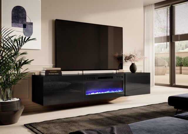 RTV cabinet SLIDE 200K with electric fireplace 200x40x37 cm all in gloss black - imagine 3