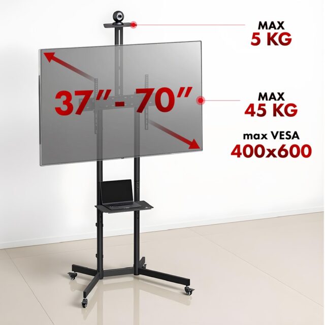 Maclean TV stand / cart  camera shelf  on wheels  37-70   max load 45kg/5kg shelf  max. VESA 600x400  MC-113 B - imagine 4