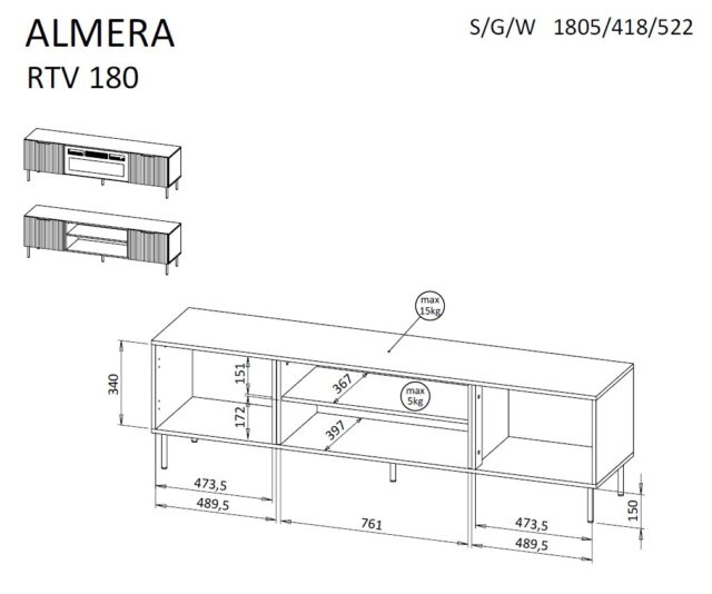 Cama ALMERA TV cabinet 180.5x42x52.5 walnut/cashmere - imagine 4