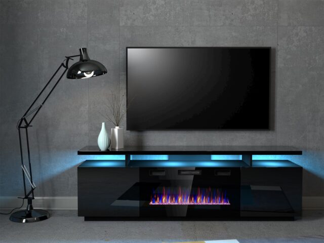 RTV EVA cabinet with electric fireplace 180x40x52 cm black/gloss black - imagine 4