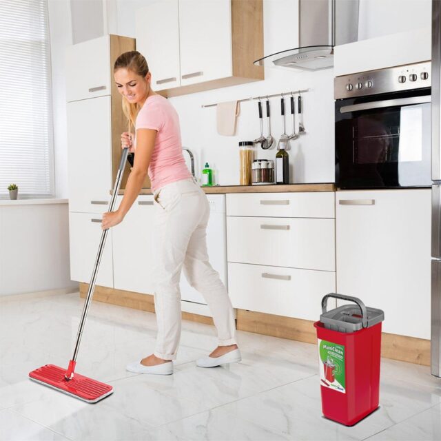 Flat Mop + Bucket + Telescopic Pole + 2 x Microfibre Pad 5.7L Floor Cleaning XXL Set Rotating Head - imagine 4