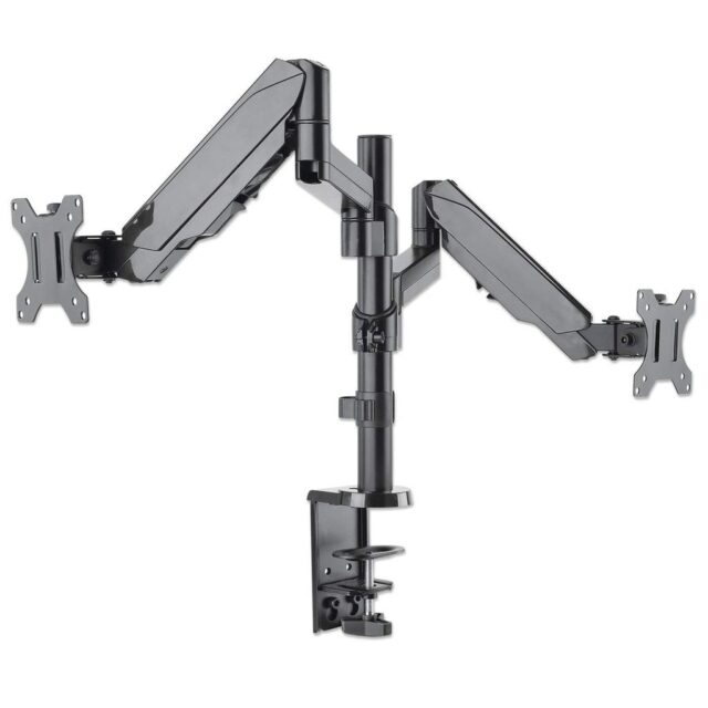 Manhattan TV & Monitor Mount  Desk  Full Motion (Gas Spring)  2 screens  Screen Sizes: 10-27   Black  Clamp or Grommet Assembly  Dual Screen  VESA 75x75 to 100x100mm  Max 8kg (each)  Lifetime Warranty - imagine 3