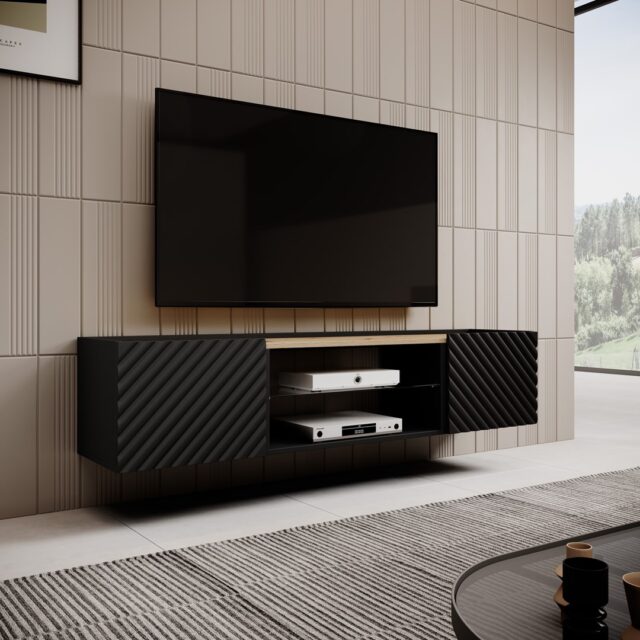 EF ONDA RTV cabinet 180x40x39-58 black (standing or wall mounted) - imagine 3