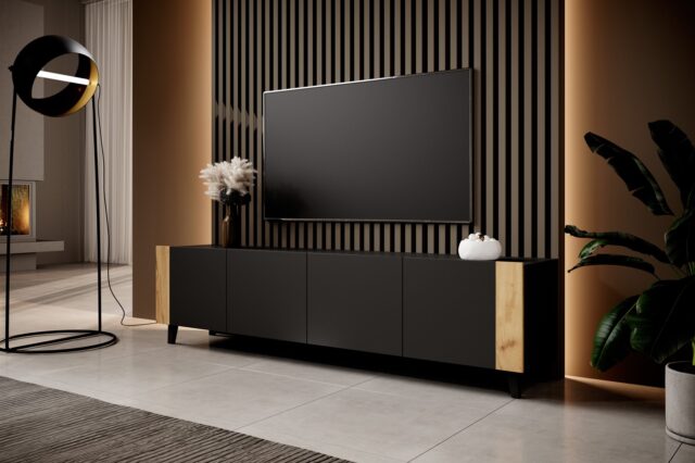 TV cabinet FARO 200x42x52 black matt + oak craft - imagine 3