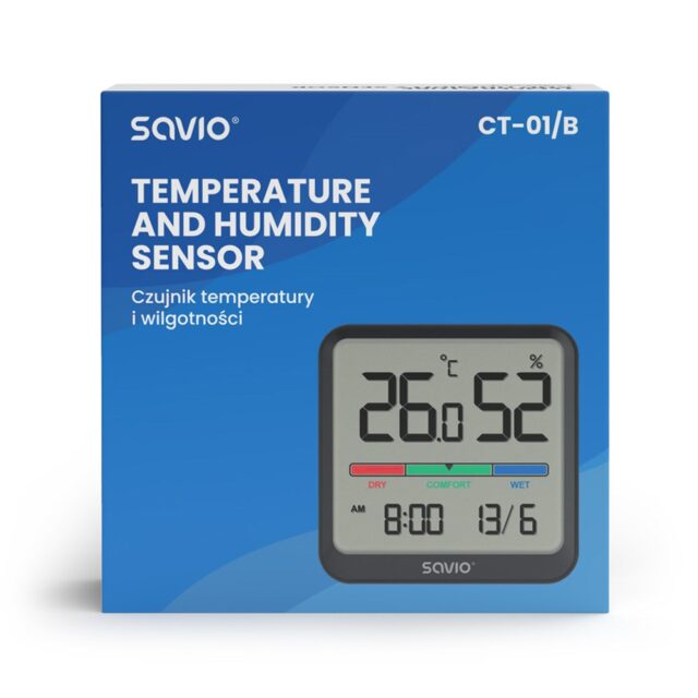 SAVIO Wireless weather station  temperature and humidity sensor  indoor use  LCD screen  clock  date  handle with magnet  CT-01/B Black - imagine 4