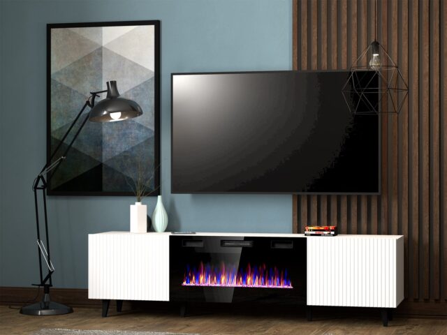 RTV cabinet PAFOS EF with electric fireplace 180x42x49 cm white matt - imagine 3