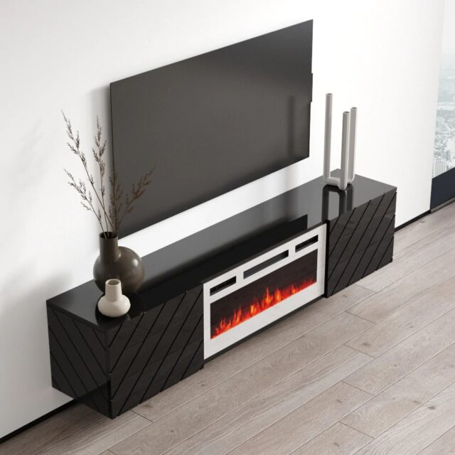 RTV LUXE cabinet 182.6x34.5x37.5 black/black gloss + white fireplace - imagine 4