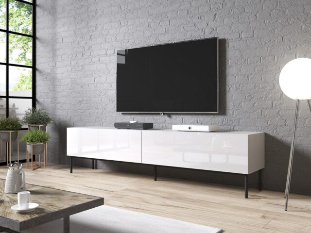 RTV SLIDE cabinet on black steel frame 200x40x50 cm all in gloss white - imagine 3