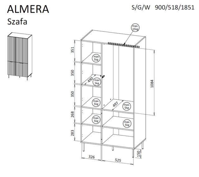 Cama 5 ALMERA wardrobe 90x52x185 walnut/cashmere - imagine 4