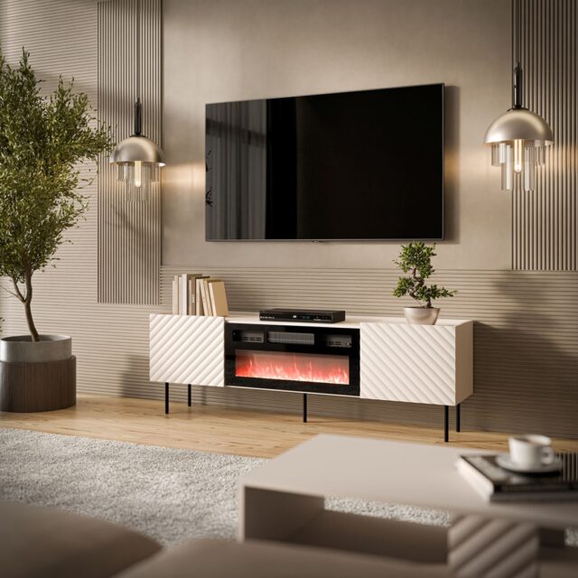 Cama LUCCA TV cabinet 180x40x59 cashmere + black fireplace - imagine 3