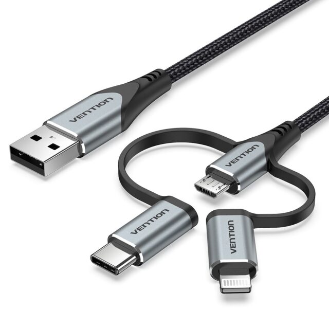 Vention USB 2.0 A Male to 3-in-1 Micro-B&USB-C&Lightning Male Cable 1M Gray Aluminum Alloy Type - imagine 3
