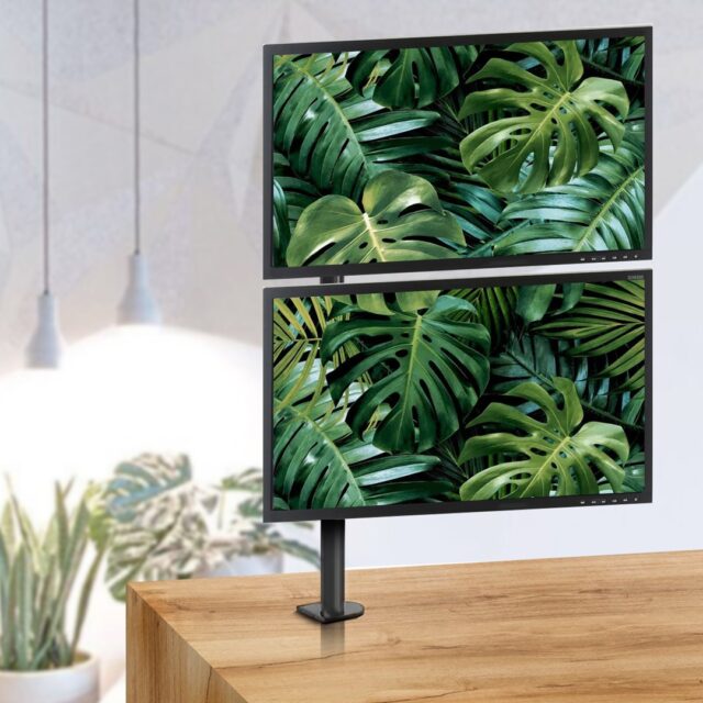 Maclean MC-967 Double Vertical Monitor Desk Mount Screen Holder max VESA 100x100  13-27   2x 9kg Powder Coated Tilting Rotating Adjustable - imagine 7