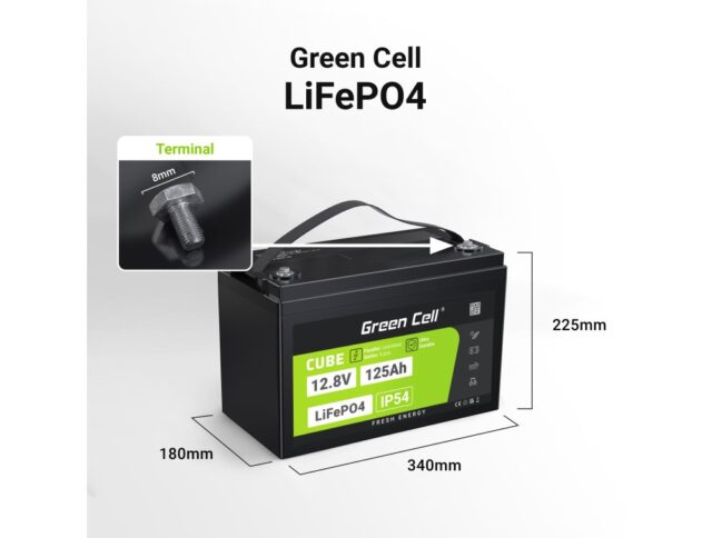 Green Cell Žalias Cell CUBE LiFePO4 125Ah 12 8V 1600Wh liio geležies fosfato baterija kemperiui  sauls energijai  neprijungtai prie tinklo  laivui Lithium Iron Phosphate (LiFePO4) 12.8 V - imagine 4